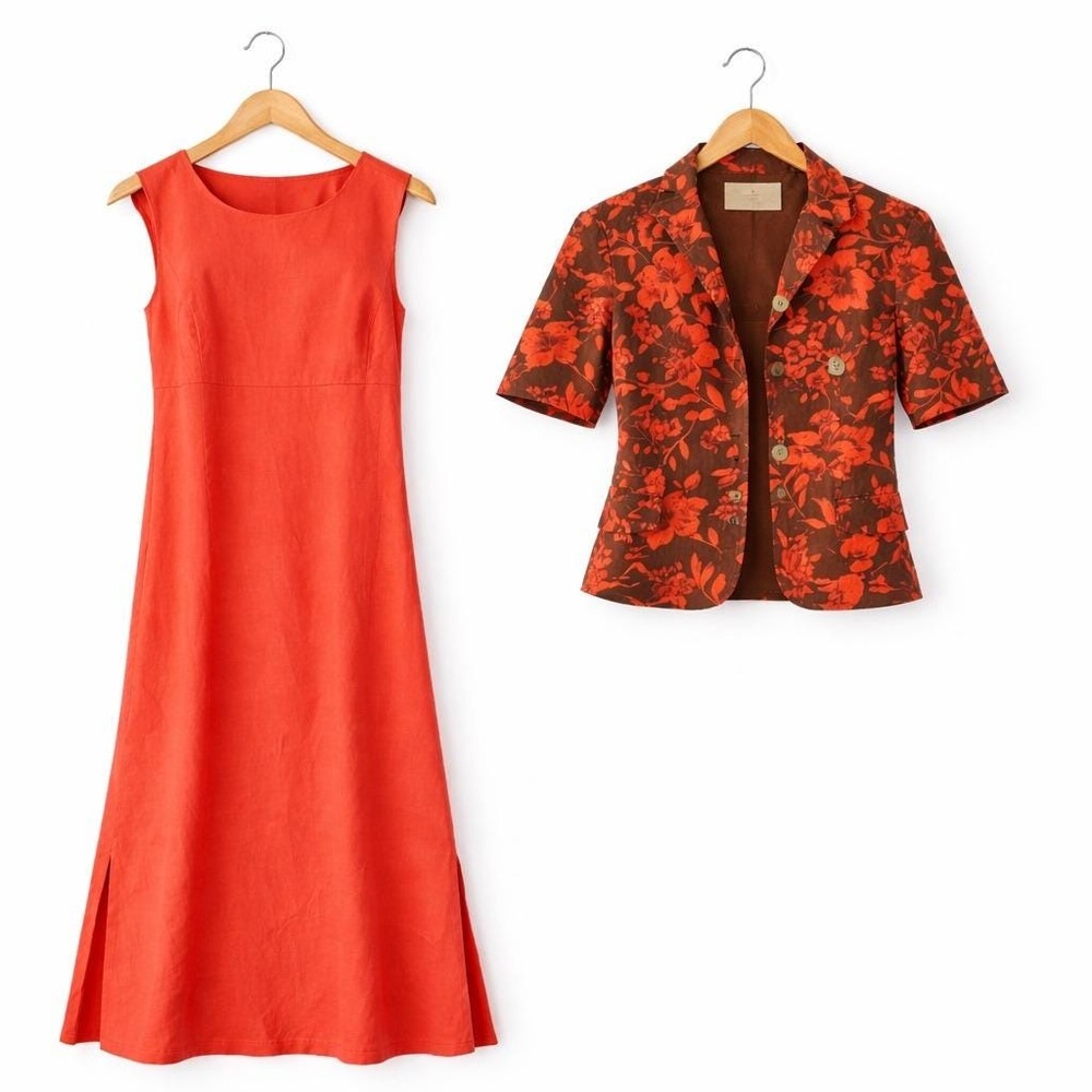 Sag Harbor Tropical Linen Blend Dress Jacket Set Womens 12 Orange Floral 2pc